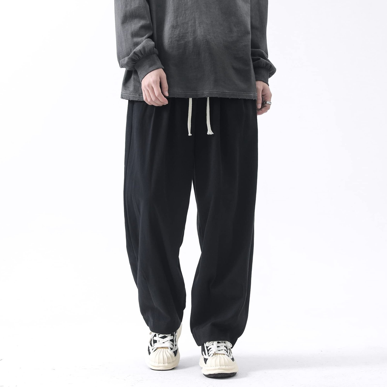 Men’s Baggy Cargo Pants Relaxed Fit Work Hiking Drawsrtring Pants, 03-black, Large
