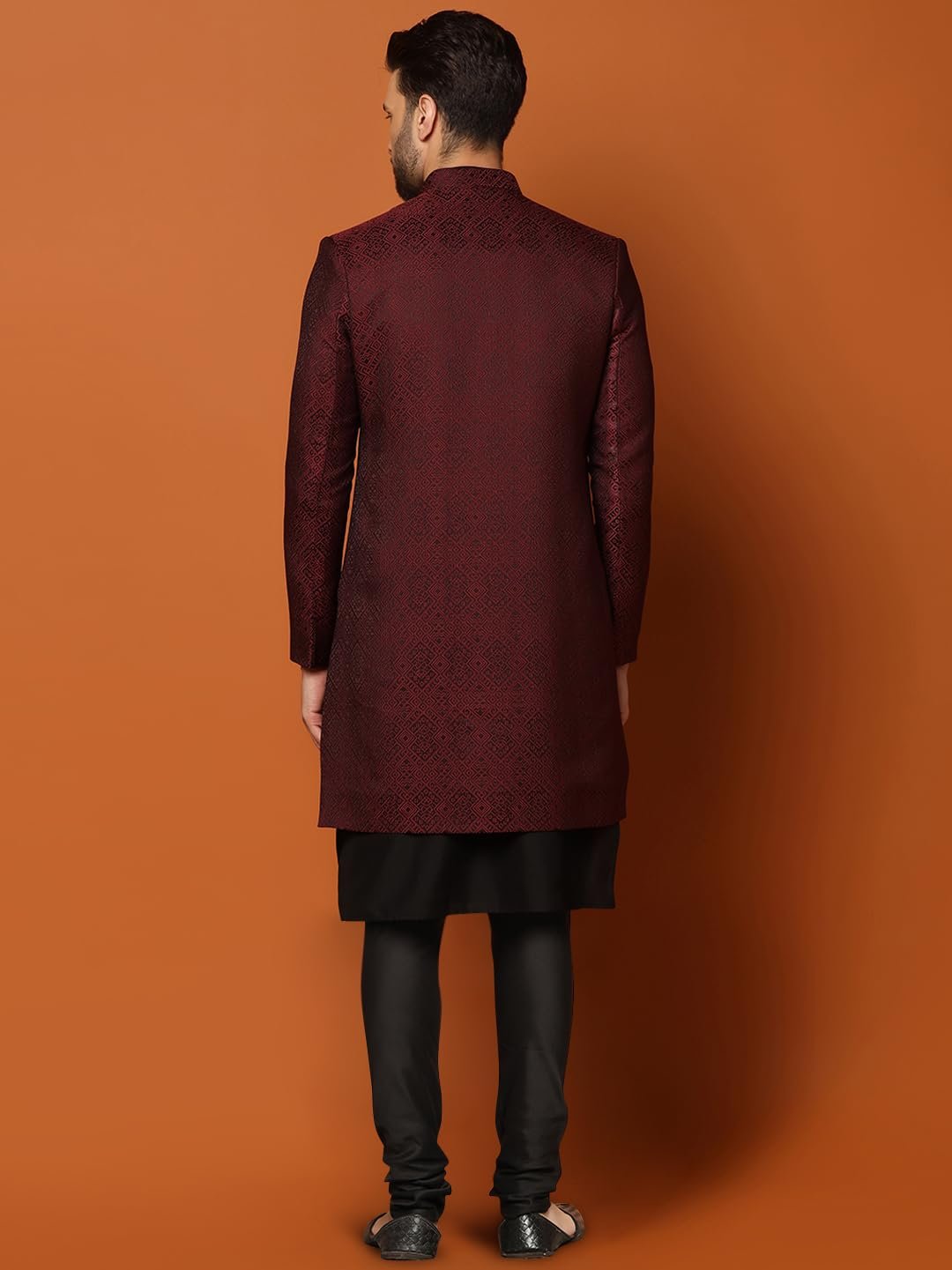 Mens Kurta Sherwani Churidar Set Silk Blend Jacquard, Indo-Western Ethnic Wear for Men, Maroon, 36 - Image 5