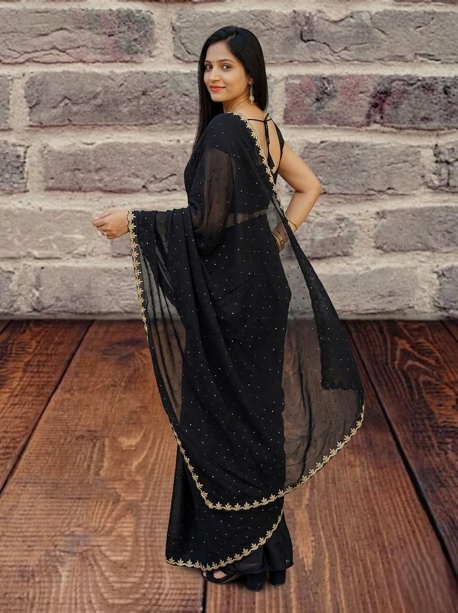 Women’s Chiffon Black Saree with Blouse Piece for Traditional Ethnic Wear Sari-(AZ-YS-OG3-SHIFA BLACK)