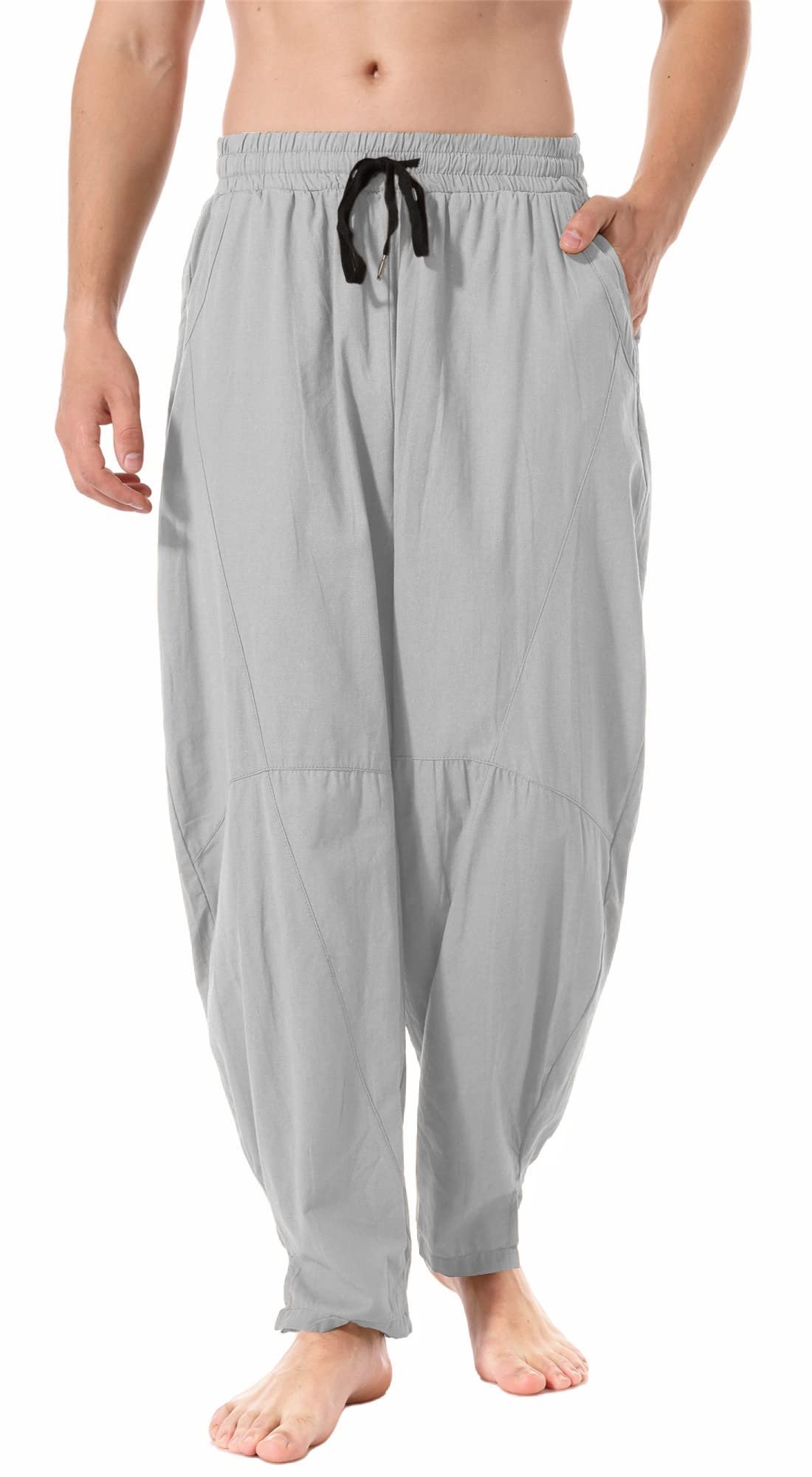 CHROES® Men’s Linen Cotton Loose Fit Casual Lightweight Elastic Waist Summer Beach Pants |Grey |S