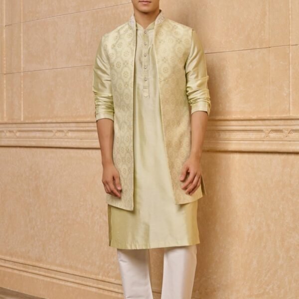 Light Green Long Open Kurta Bundi Set | ETHNIC WEAR | Light Green | XL