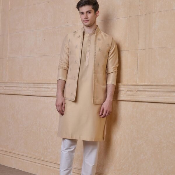 Beige All Over Embroidered Kurta Bundi Set | ETHNIC WEAR | Beige | M