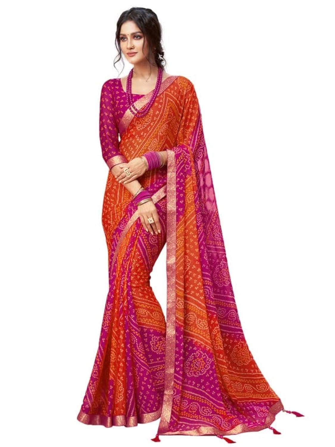 Women's Bandhani Printed Chiffon Saree with Blouse(2612S2078_Pink & Orange)