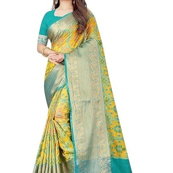 Women's kanjivaram banarasi silk saree for festival Wedding silk with rich pallu Design sarees for women with Unstitched blouse piece (YELLOW2)