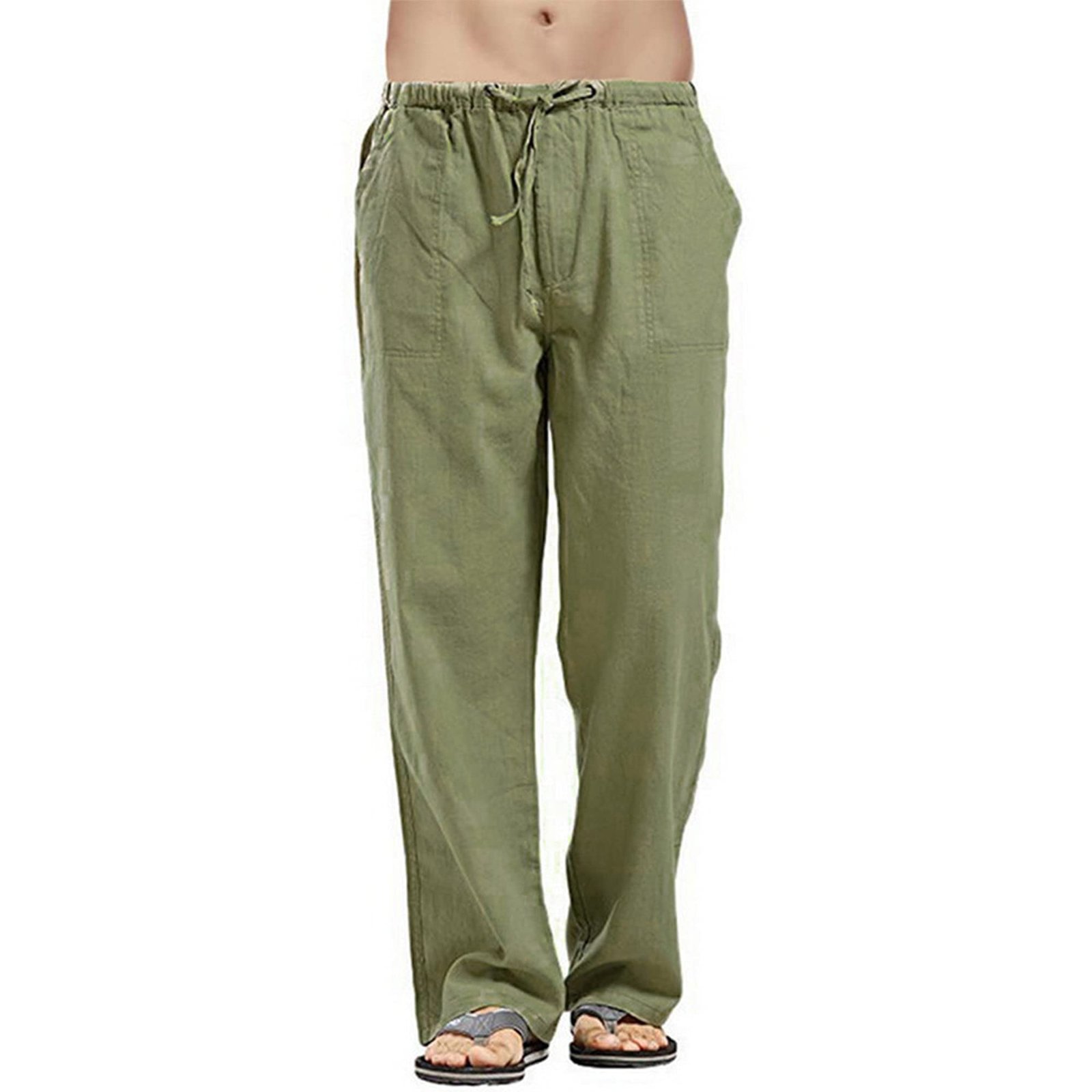 Men's Solid Colors Linen Pants Relaxed Fit Casual Yoga Pants Straight Legs Trousers, Green, S