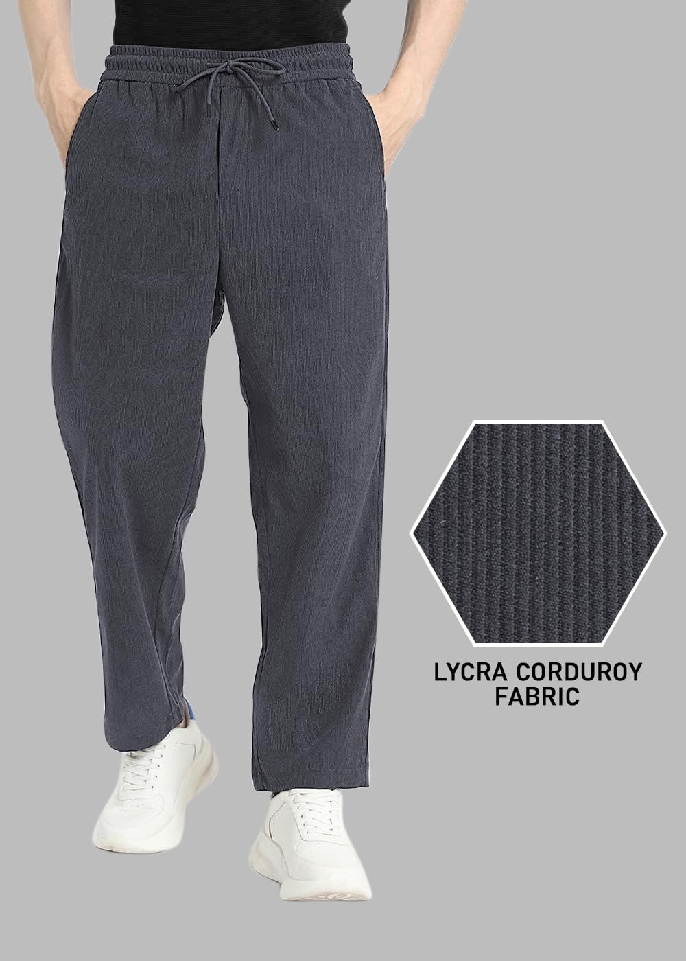 Men’s Dark Grey Corduroy Track Pants | Retro Self-Design with Flexi Waistband & Mid-Rise Fit | Ankle Length Casual Bottoms for Winter, Travel, Lounge, Office & Outdoor Styling
