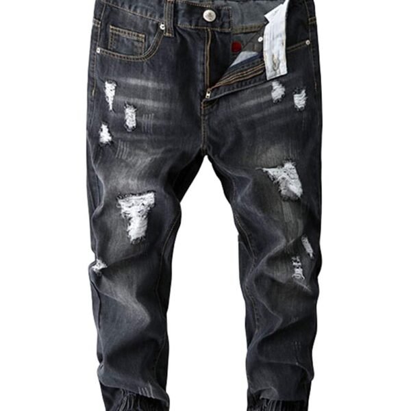 CHROES® Men's Casual Destroyed Ripped Holes Closed Bottom Patchwork Denim Jeans Pants |Black |30