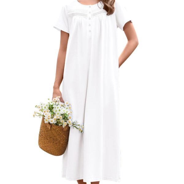 Nightgowns for Women Cotton Long Night Gown Short Sleeve Nightdress, White, XX-Large