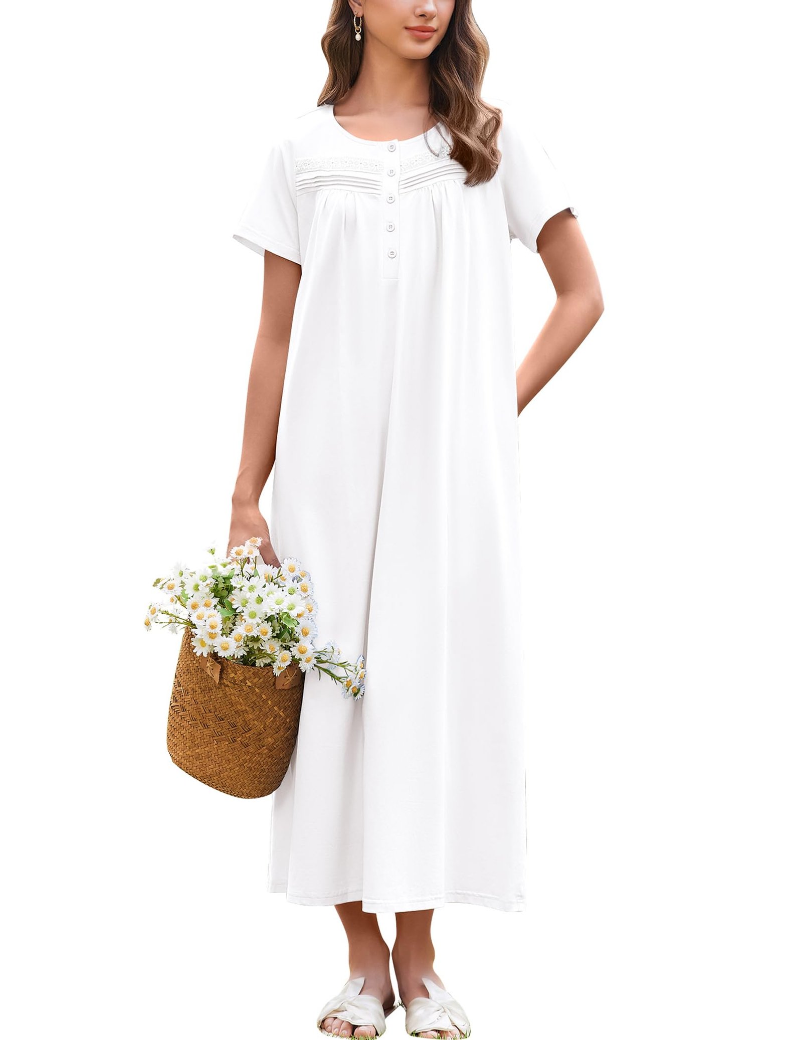 Nightgowns for Women Cotton Long Night Gown Short Sleeve Nightdress, White, XX-Large