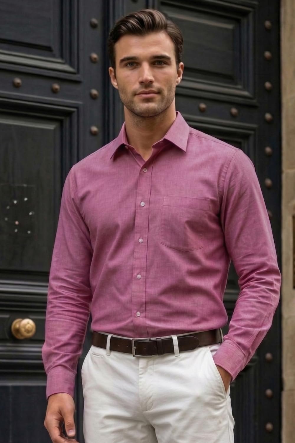 Men Pink Slim Fit Textured Full Sleeves Formal Shirt