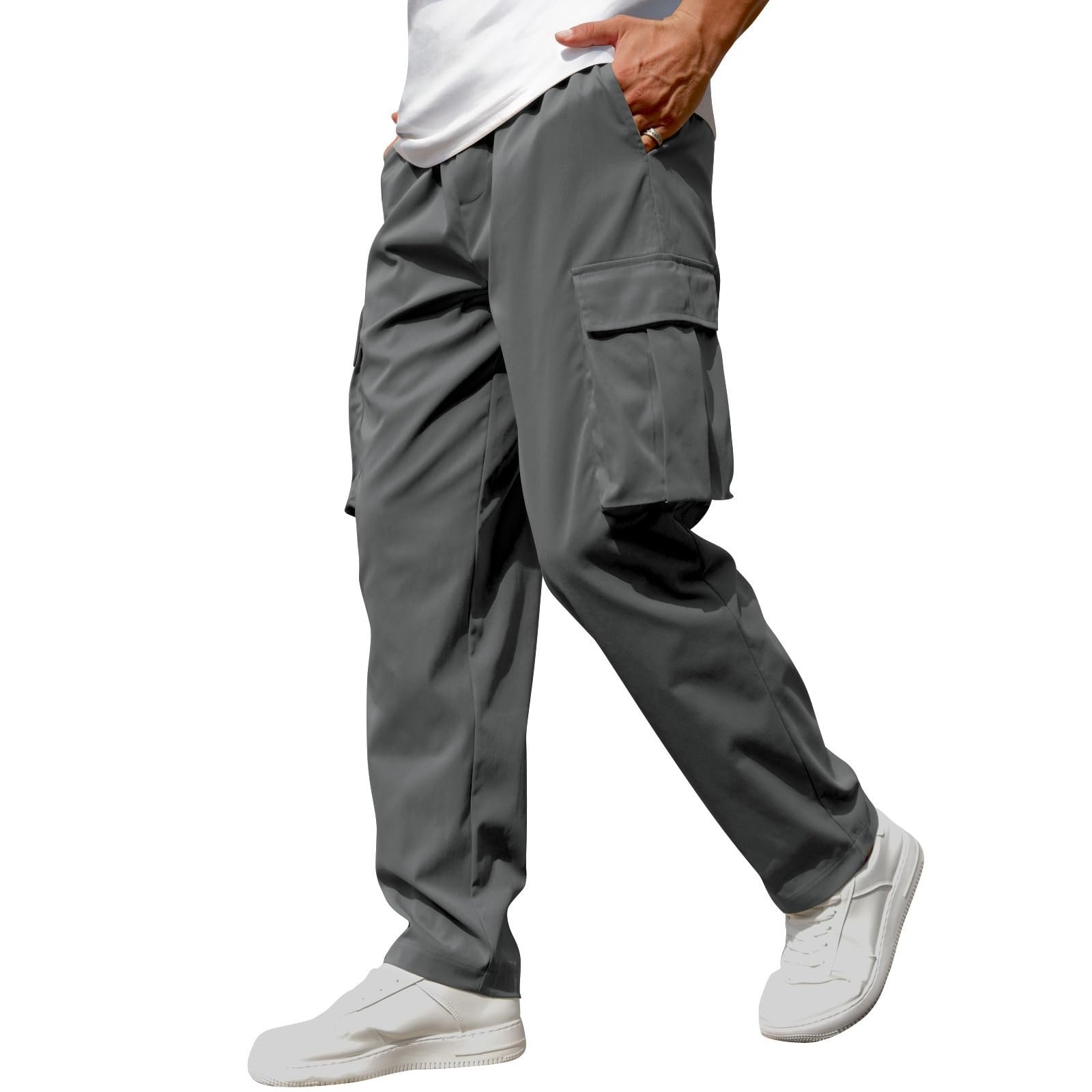 Men's Casual Cargo Pants Drawstring Elastic Waist Joggers Loose Fit Lightweight Tactical Pants with 4 Pockets, 04-dark Grey, Small - Image 4