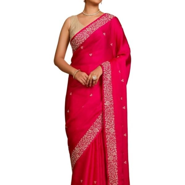 Women Pink Viscose Satin Embroidered Saree with Unstitched Blouse Piece (SAPP09AC5305-Pink)
