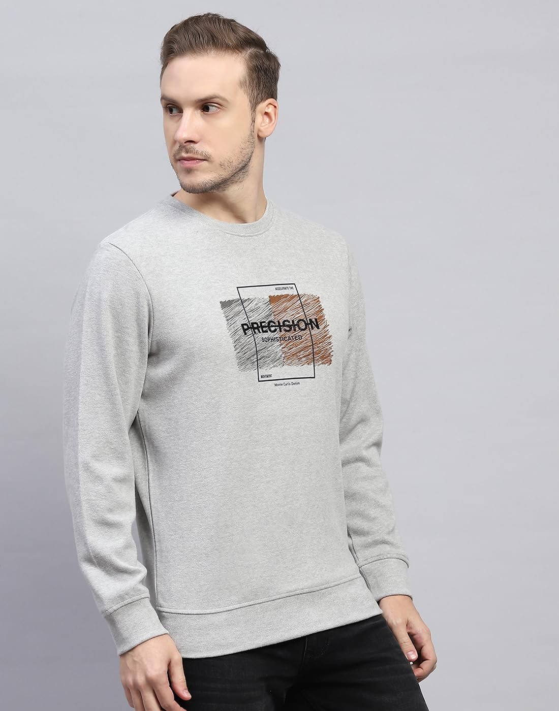Mens Printed Grey Round Neck Full Sleeve Sweatshirt (224066139-2-42) - Image 3