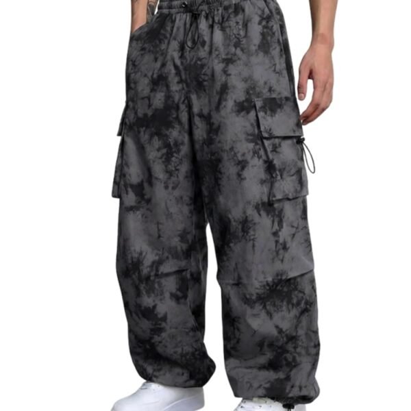 Flat Pocket Parachute Pants for Men Casual Baggy Cargo Unisex Street Y2K Drawstring Trouser, 2-Tie Dye-Black, Large