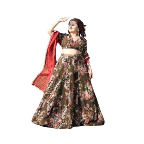 Khushi Chauhan Mid Night Bloom Lehenga Set for Women | Olive Green Printed Lehenga with Cutdana Work | Wine Dupatta | Floral Size M