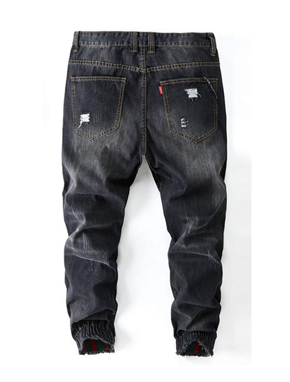 CHROES® Men’s Casual Destroyed Ripped Holes Closed Bottom Patchwork Denim Jeans Pants |Black |30