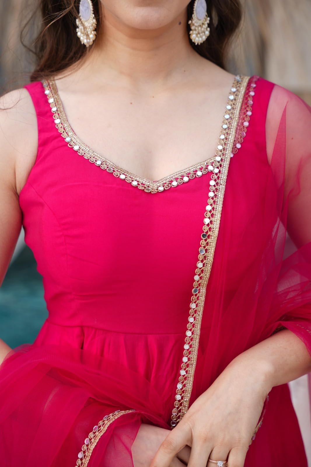 Women's Beautiful Roman Silk Chanderi with Embroidery Work Gown Pant & Dupatta Set Anarkali Gown, Sleeveless Ethnic Gown and Dupatta Set Gown for Wedding (in, Alpha, Regular, Womens, Rani Pink) - Image 4