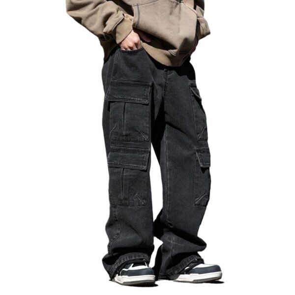 Baggy Cargo Jeans Men Teen Boys Casual Loose Jeans Flap Pockets Y2k Denim Pants 90s Hip Hop Streetwear, Black, M