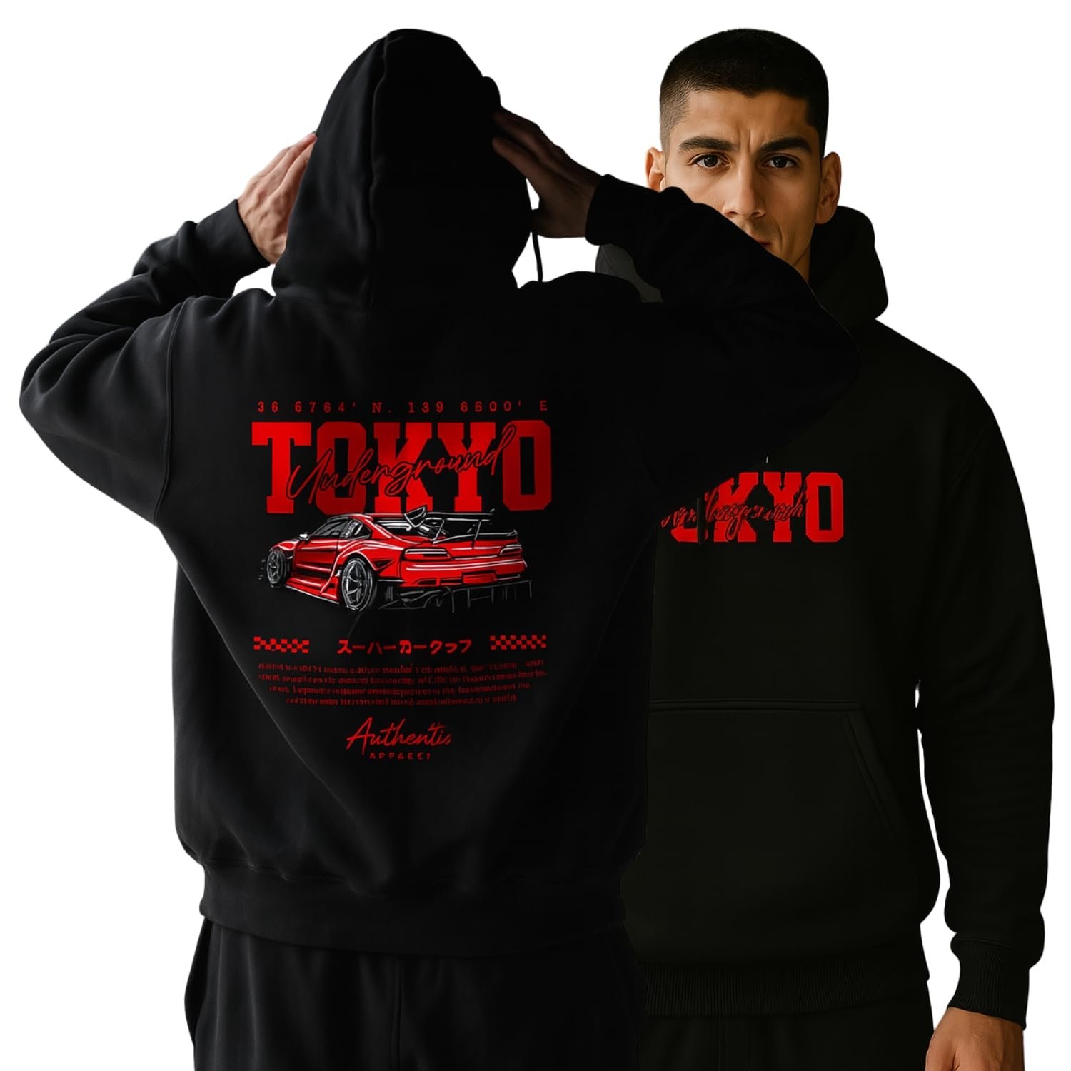 Mens Printed Hooded Neck Full Sleeve Black & Red Cotton Blend Tshirt