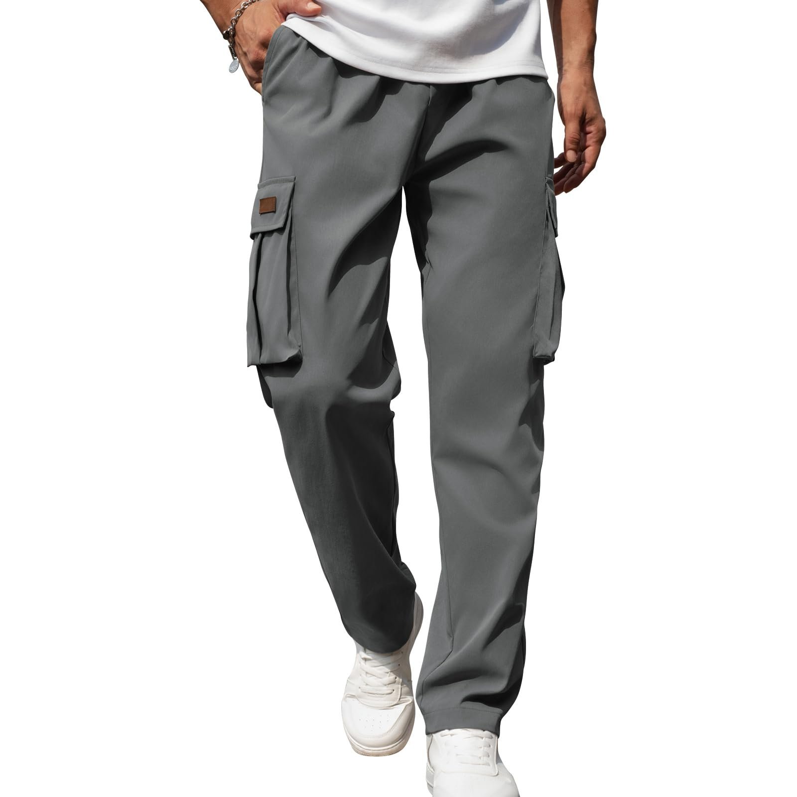 Men's Casual Cargo Pants Drawstring Elastic Waist Joggers Loose Fit Lightweight Tactical Pants with 4 Pockets, 04-dark Grey, Small