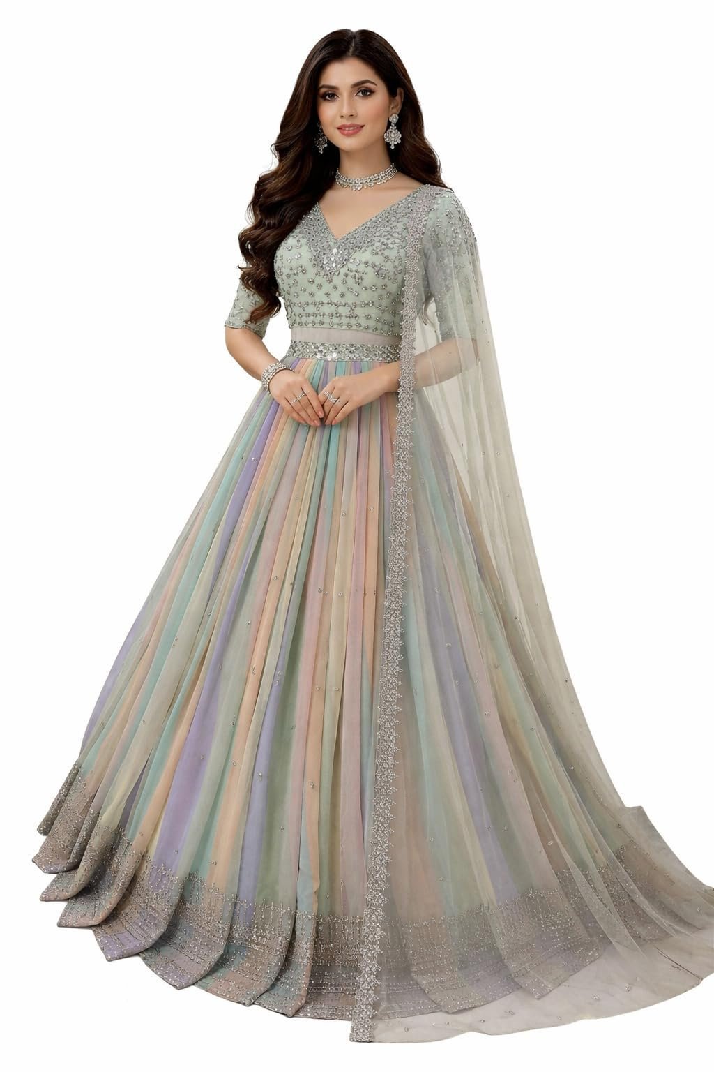 WOMEN'S Georgette Premium Designer Lehenga for Women – Heavy Work Wedding Collection (SF201385 Multicolor free-size)