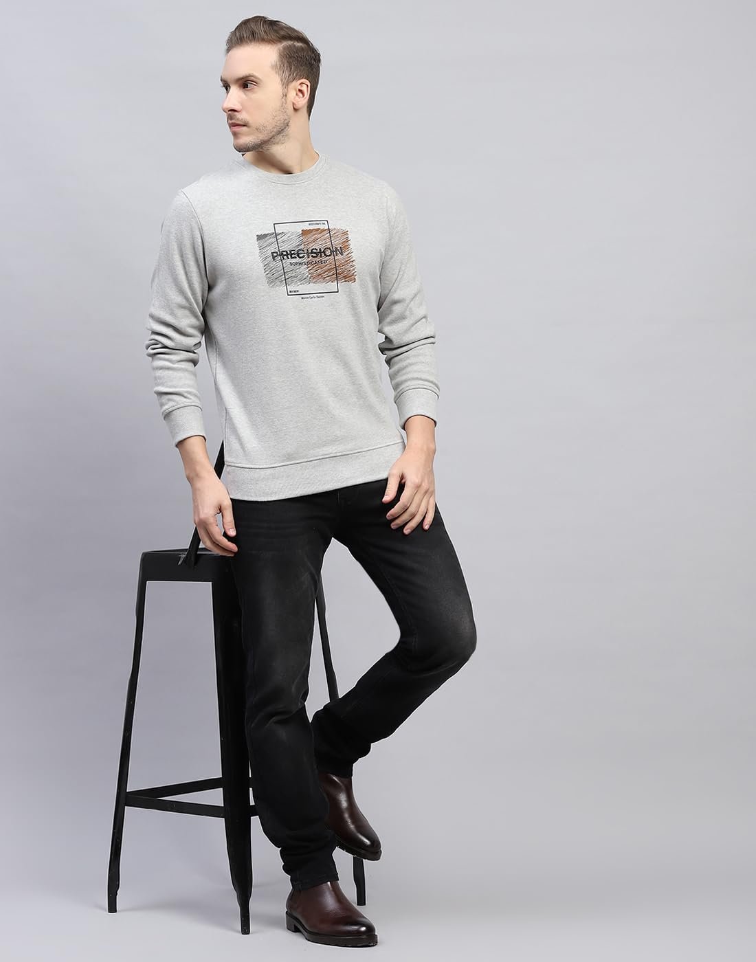 Mens Printed Grey Round Neck Full Sleeve Sweatshirt (224066139-2-42) - Image 5