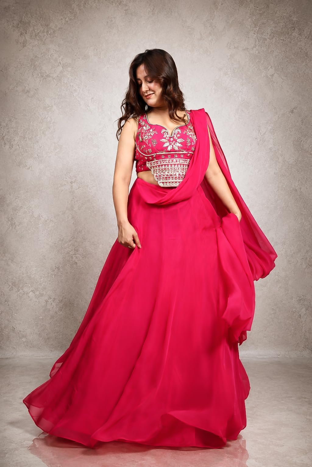 Khushi Chauhan Fuchsia Bloom Designer Lehenga for Women | Hot Pink Flared Lehenga | Sequence Zari Pearl Beadwork | Ethnic Wear | Size M