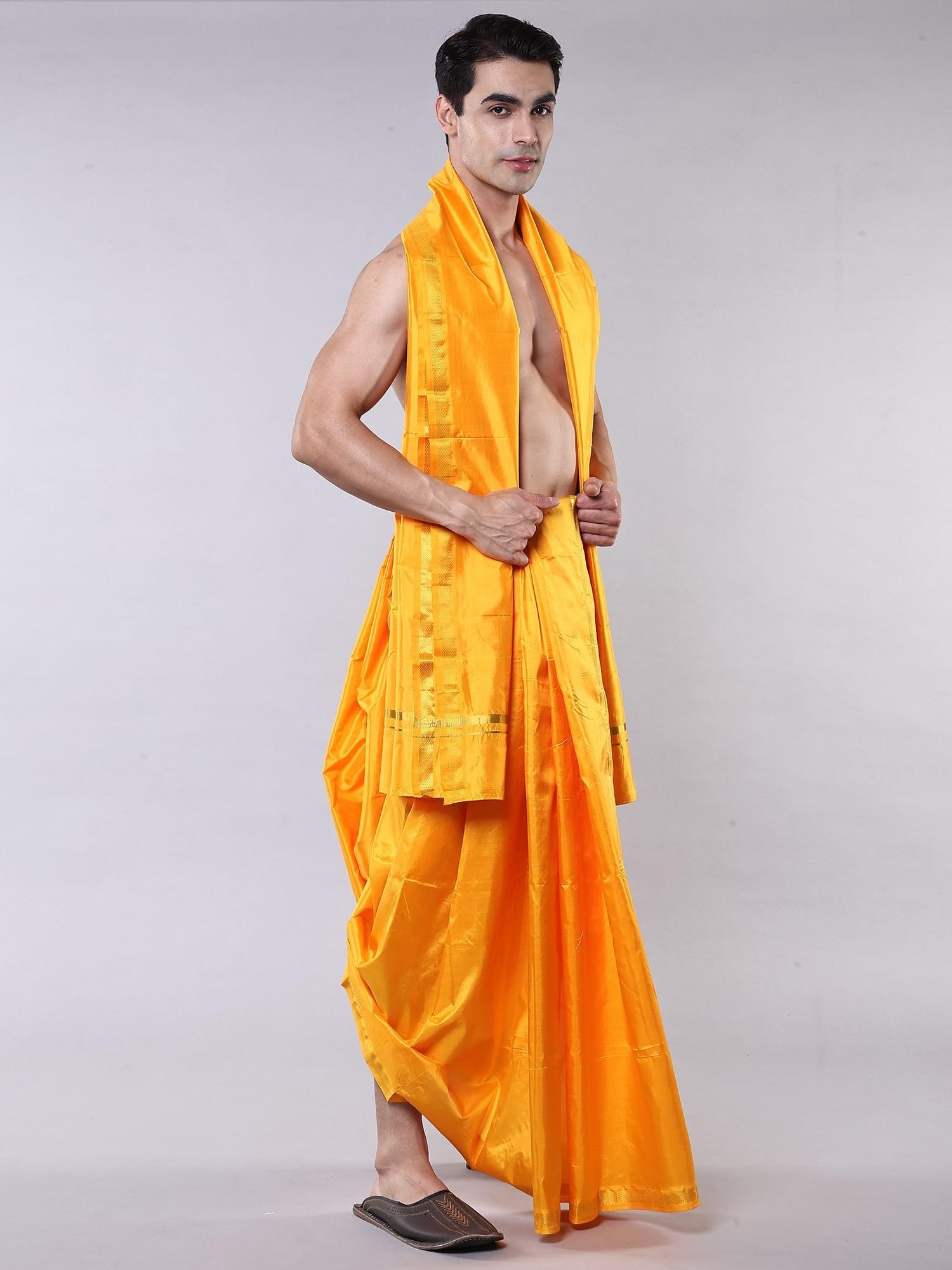 Pure Silk Dhoti Angavastram Set with Golden Thread Woven Border | Men's Dhoti Angvastram Festive Wedding Wear - Image 3