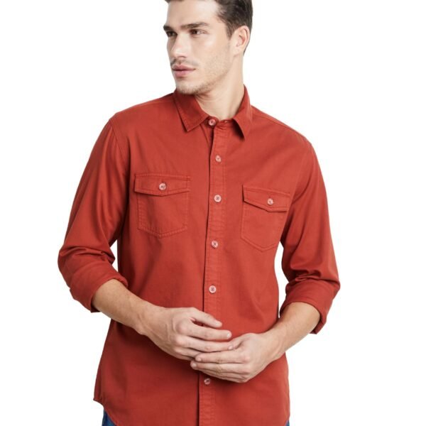 Men's Long Sleeve Casual Washed Cotton Twill Shirt (Regular Fit) (SP-M-S25-CS-106_Rust)