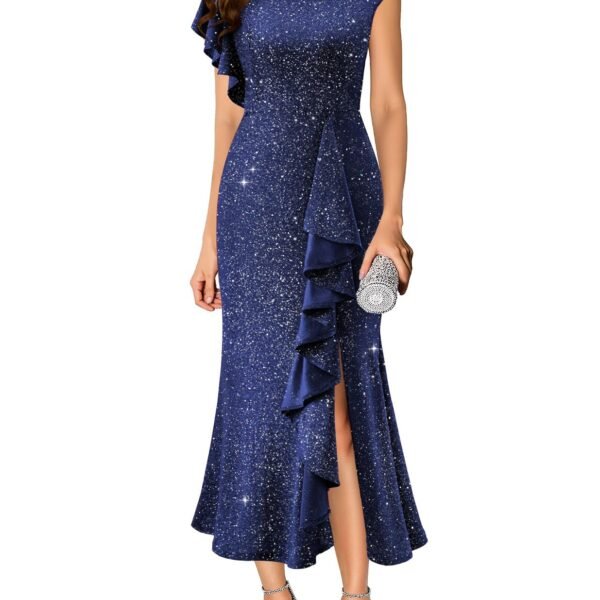 Sequin Formal Wedding Guest Cocktail Party Dress for Women, Navy, Large