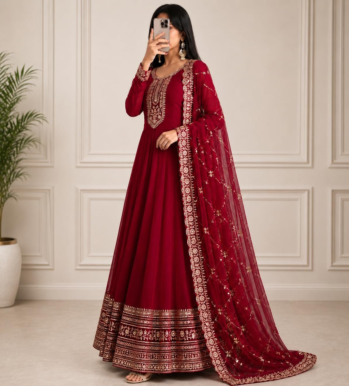 Miss Ethnic Hub’s Red Color Traditional Anarkali Gown with Dupatta, Golden Zari Embroidered, Long Sleeves, Women (in, Alpha, Regular, Red)