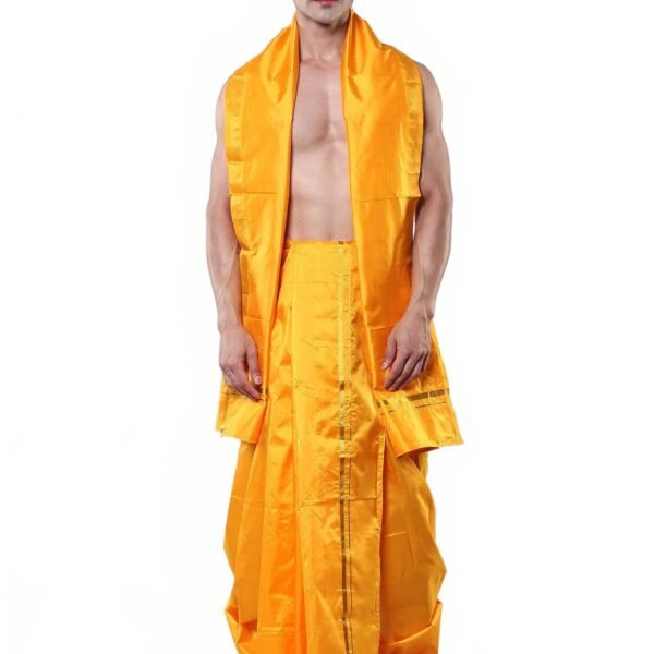 Pure Silk Dhoti Angavastram Set with Golden Thread Woven Border | Men's Dhoti Angvastram Festive Wedding Wear