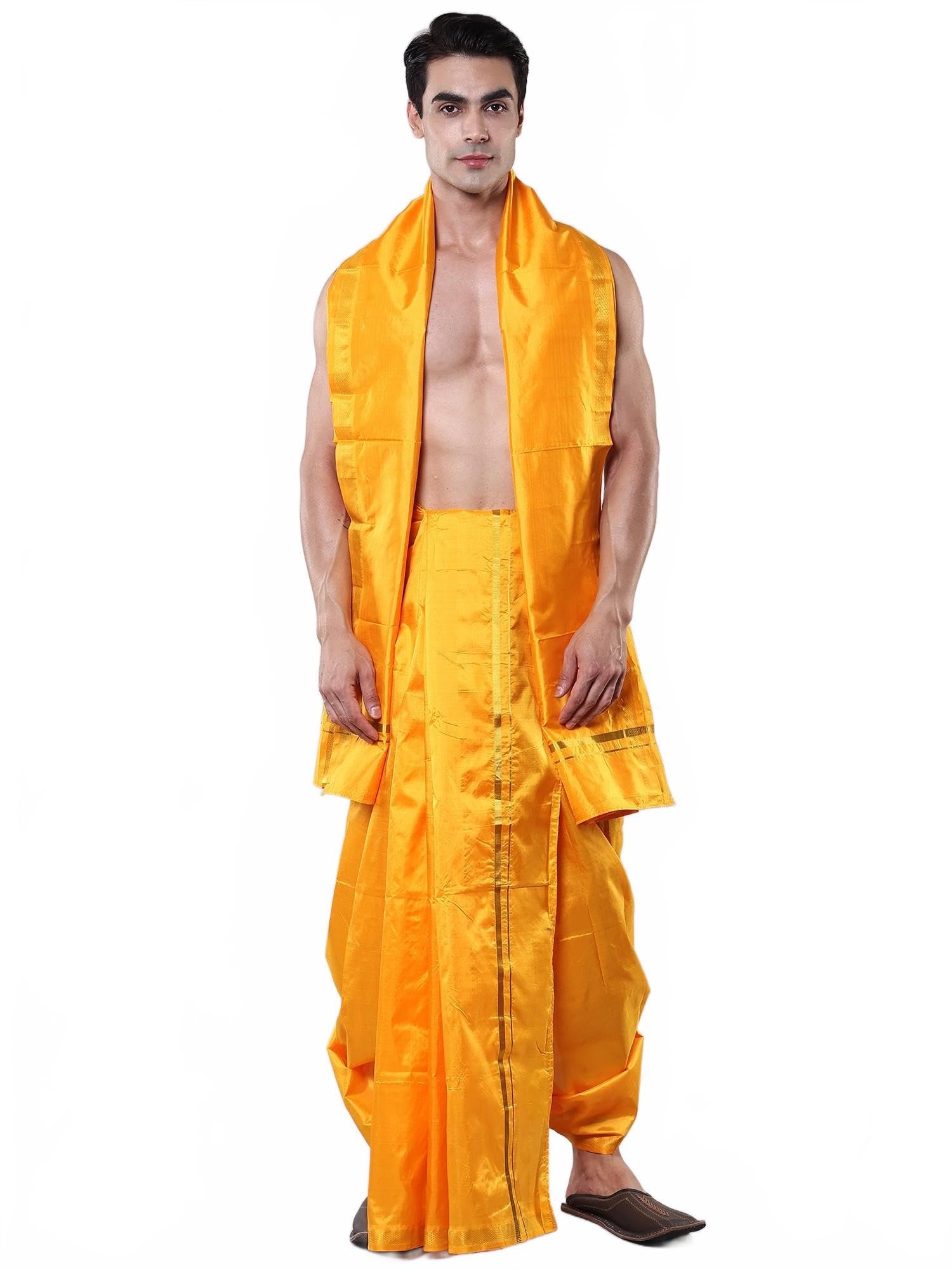 Pure Silk Dhoti Angavastram Set with Golden Thread Woven Border | Men's Dhoti Angvastram Festive Wedding Wear