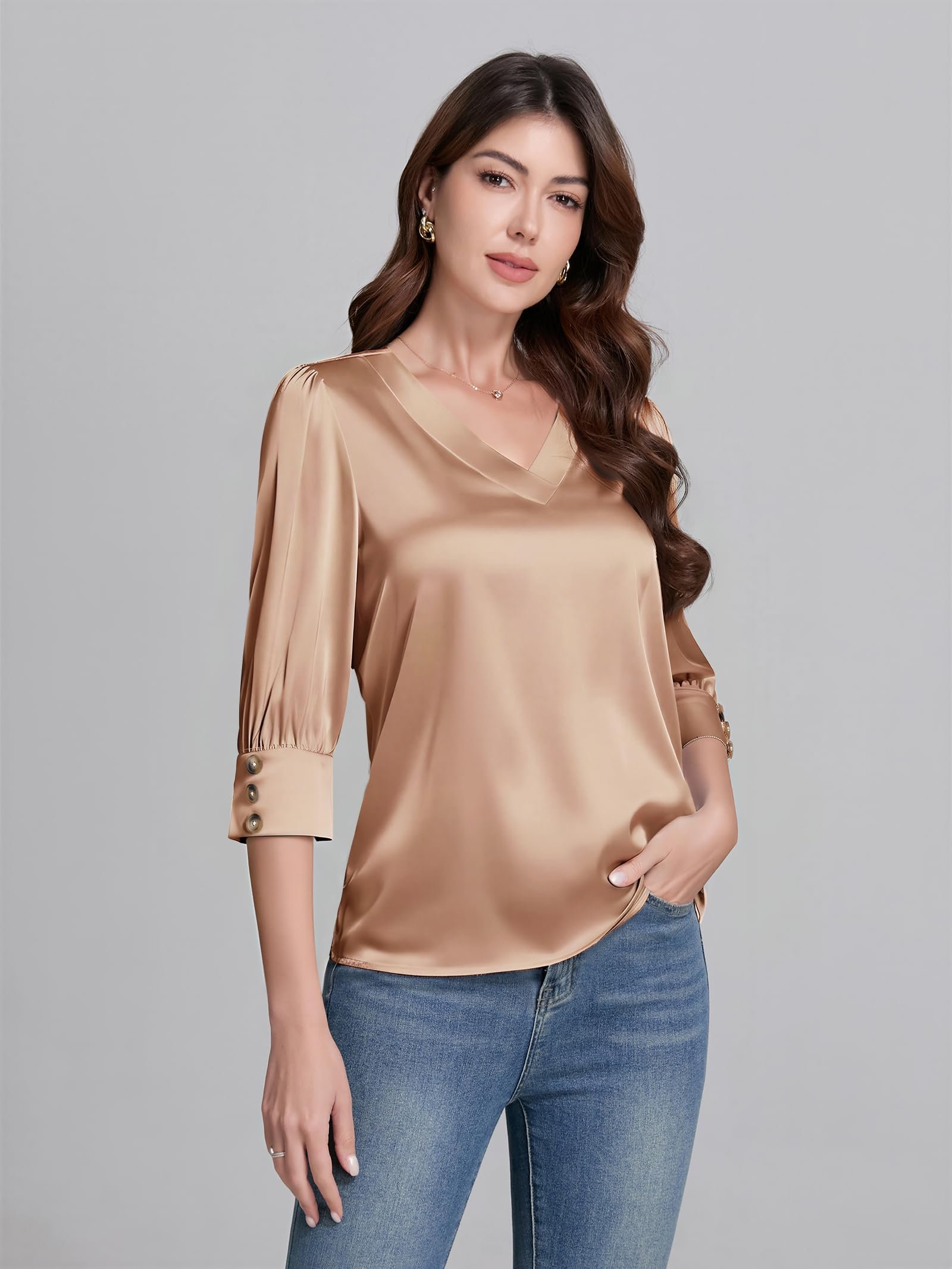 3/4 Length Sleeve Womens Tops Dressy Casual Silk Satin Blouses, Light Coffee, Medium