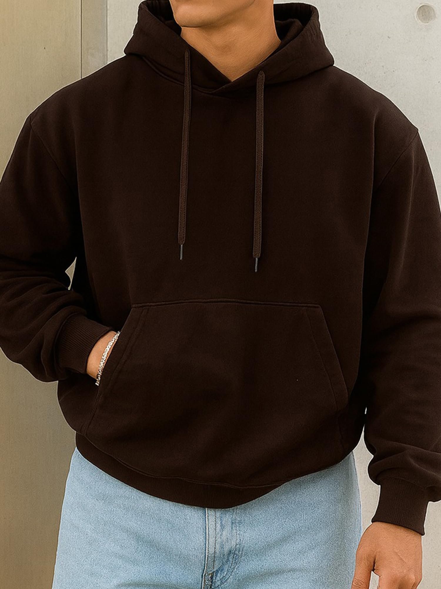 Mens Solid Hooded Neck Full Sleeve Coffee Brown LoopKnit Sweatshirt