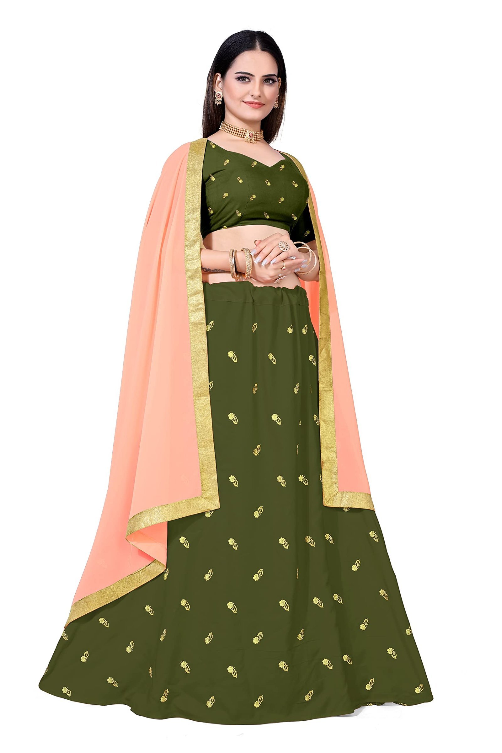 Women’s Embellished Tilki Work Net Semi-stitched Lehenga Choli With Dupatta Set (Multi Colour) (Ritika Mehendi)