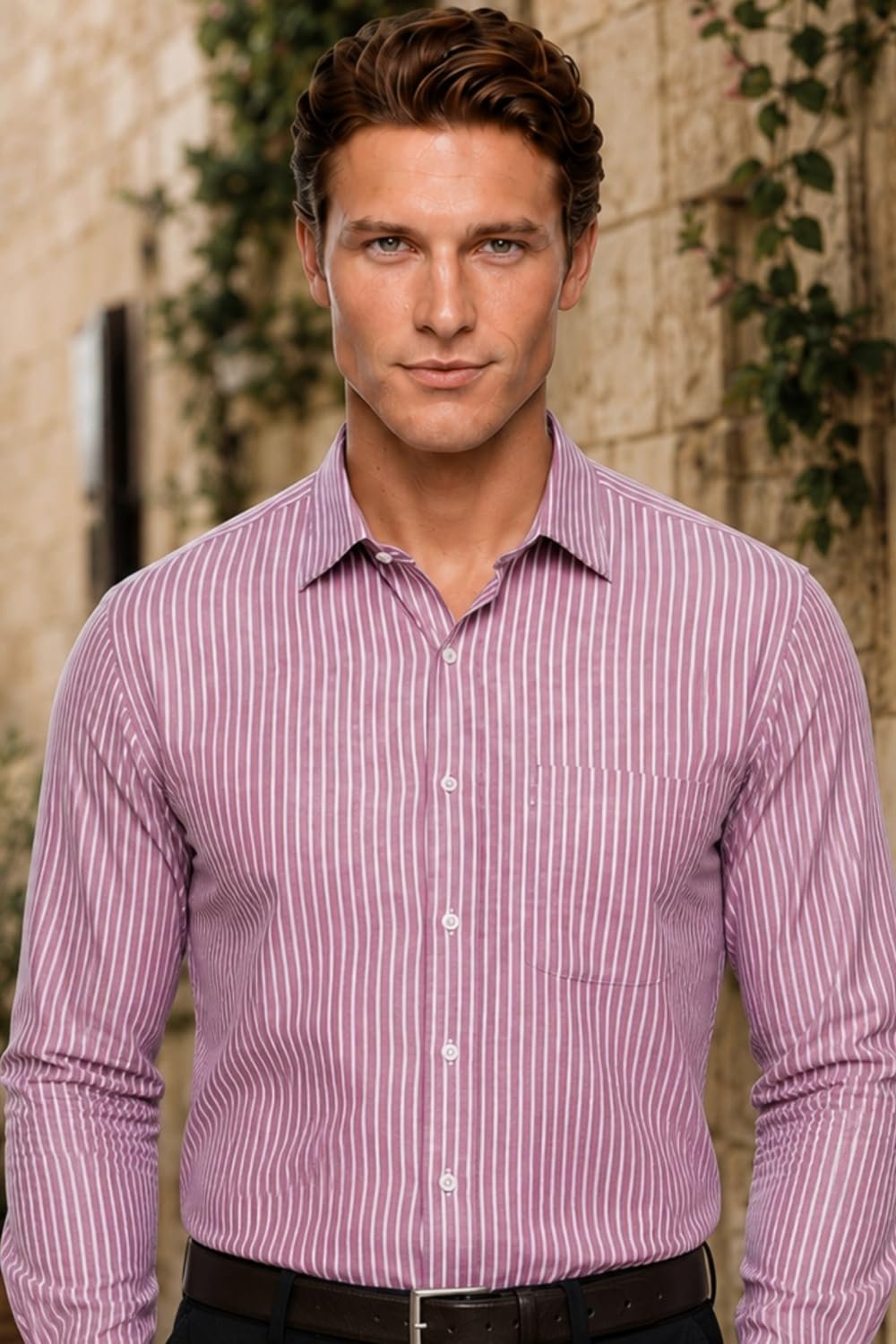 Men’s Cotton Striped Slim Fit Shirt (LPSFMSLPA12763_Pink, 40