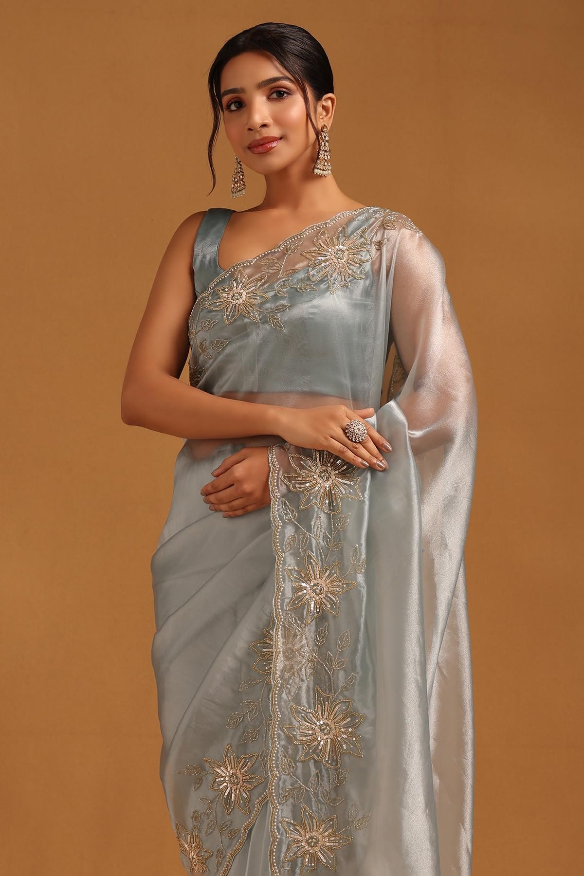 Womens Blue Organza Floral Saree With Cutdana