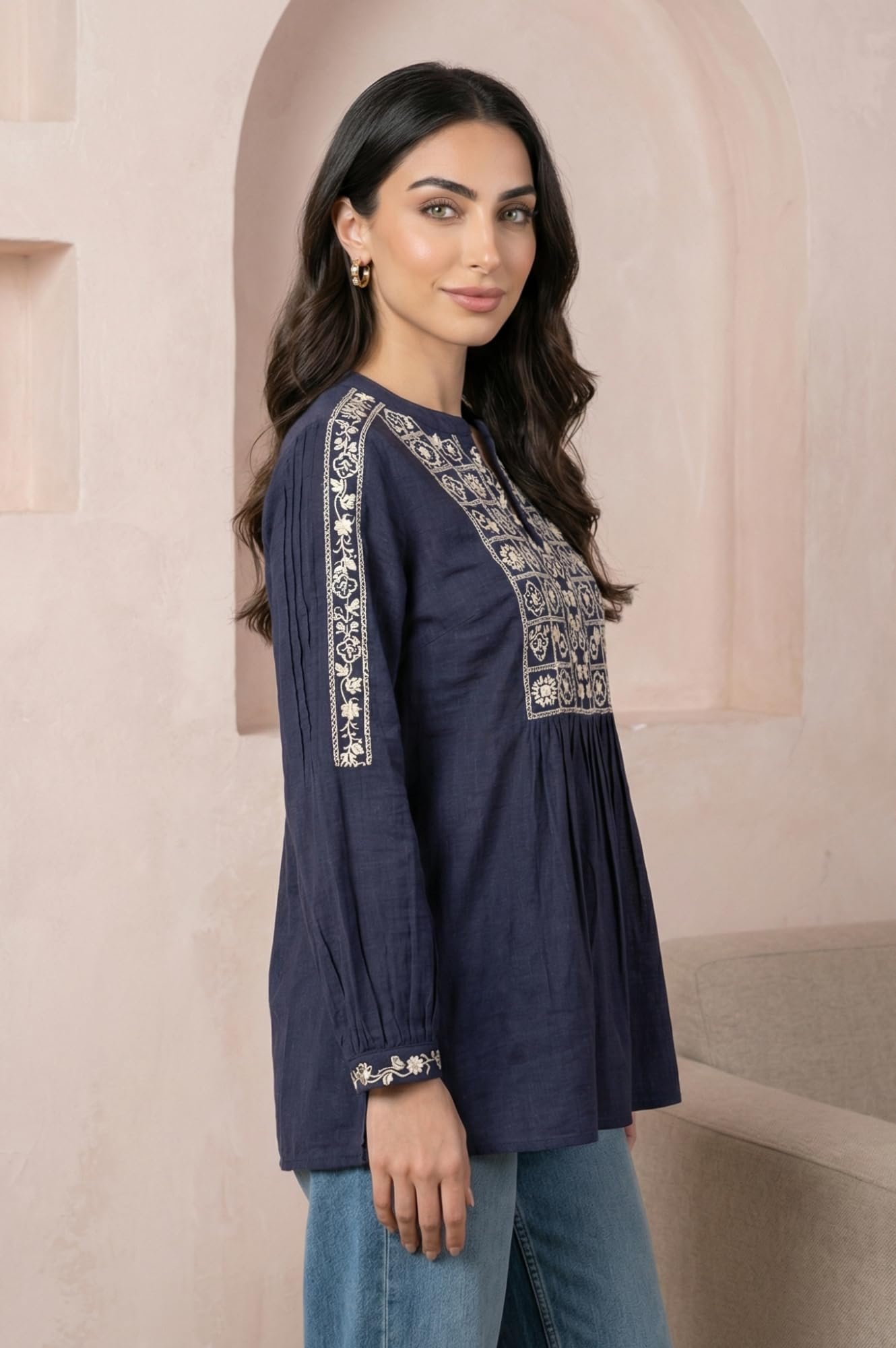 Navy Blue Thread Embroidered Pure Cotton A-line Top - (W31508-224947) - Image 7