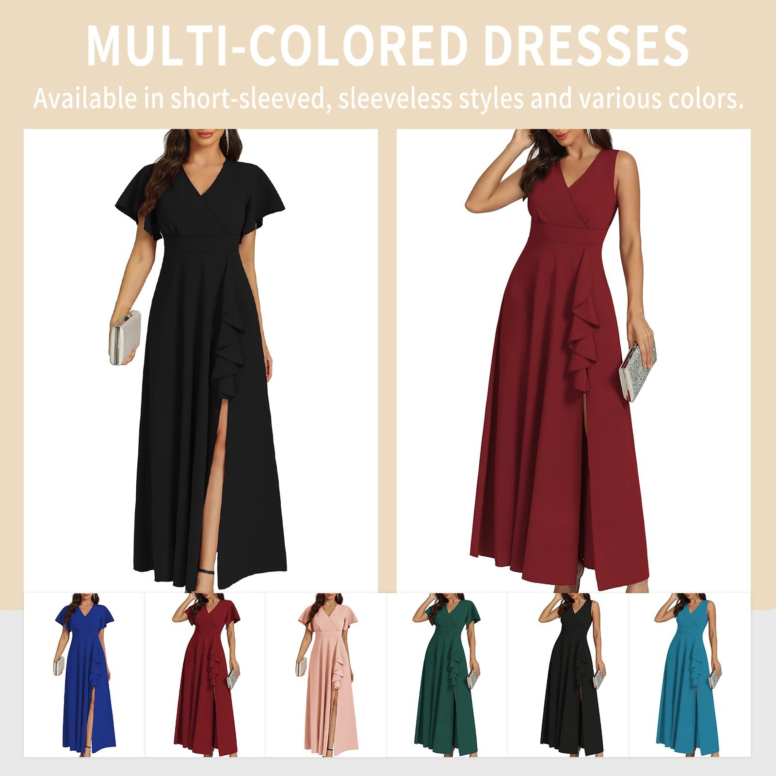 Women’s Black Long Formal Dresses Cocktail Wedding Guest Dress Ruffle Split Elegant V Neck Party Gowns, Sleeveless Black-t30, X-Large