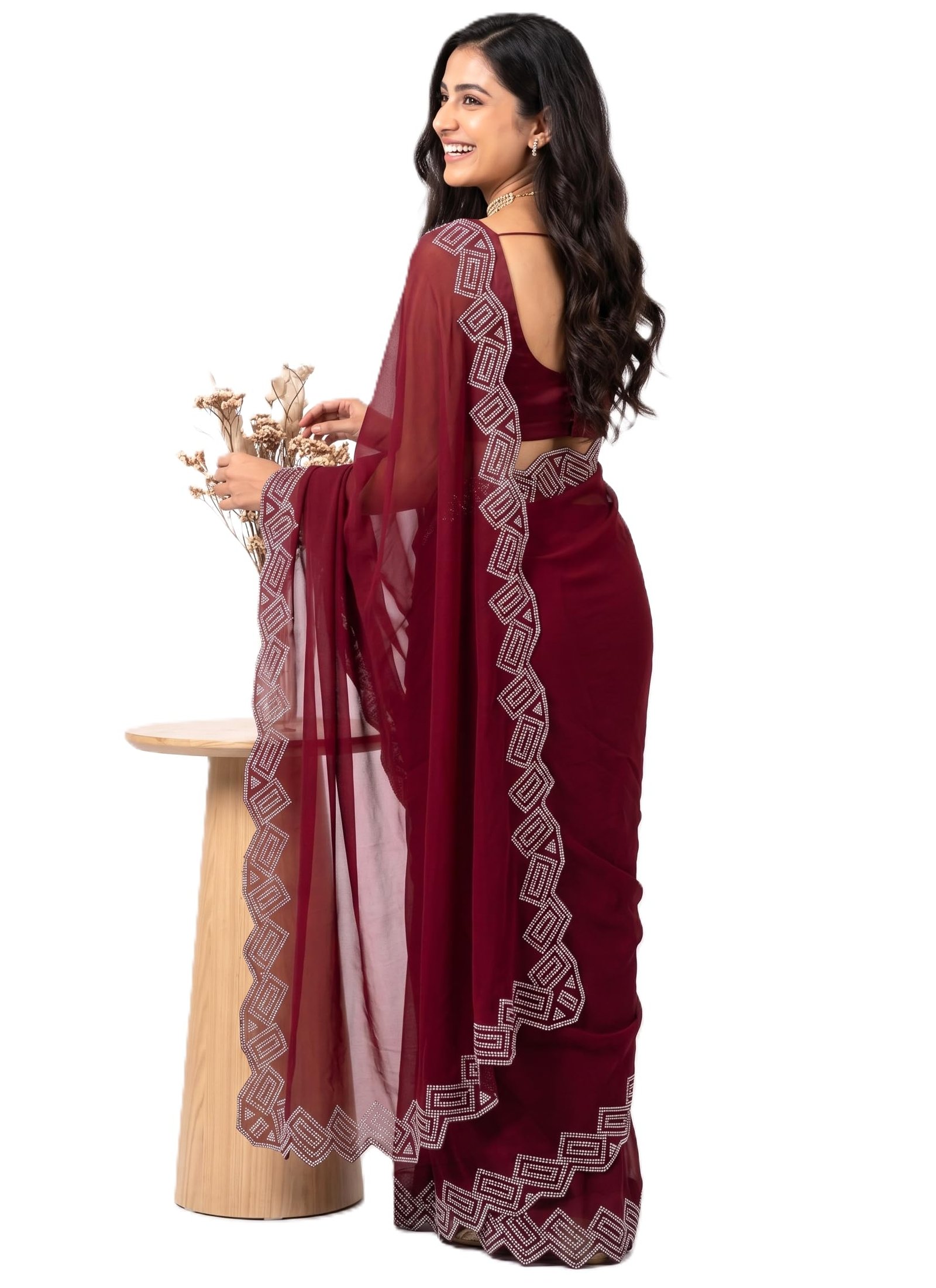 Dancing Threads georgette saree with heavy hotfix stone work on a fancy cutwork border designer sari for women festive saree for wedding (maroon)