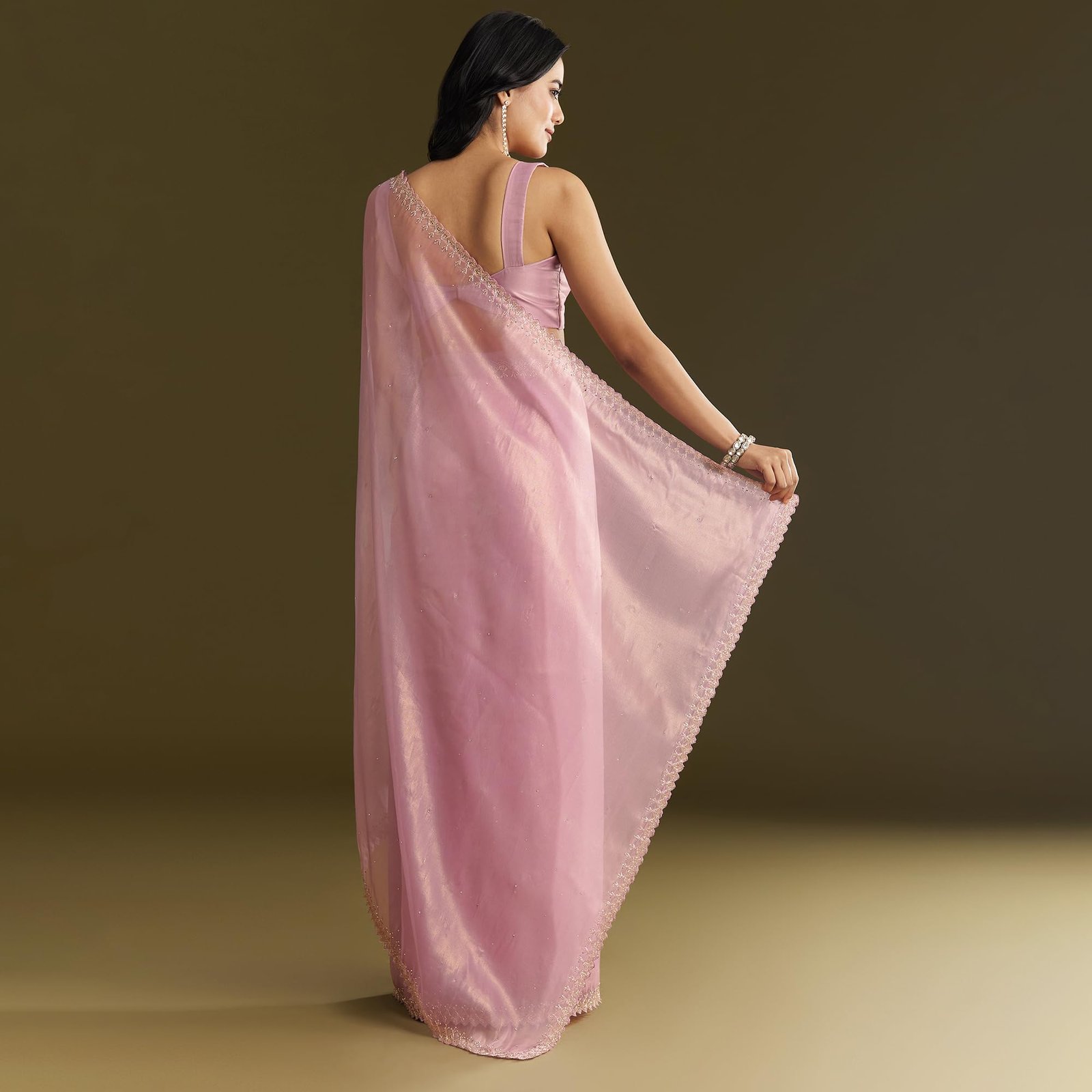 Fashion Pink Tissue Saree With All Over Stone Embellishment And Cutdana Scallop Border Tissue sarees for women Traditional Ethnic Wear Fashion Wear Wedding Collection - Image 5