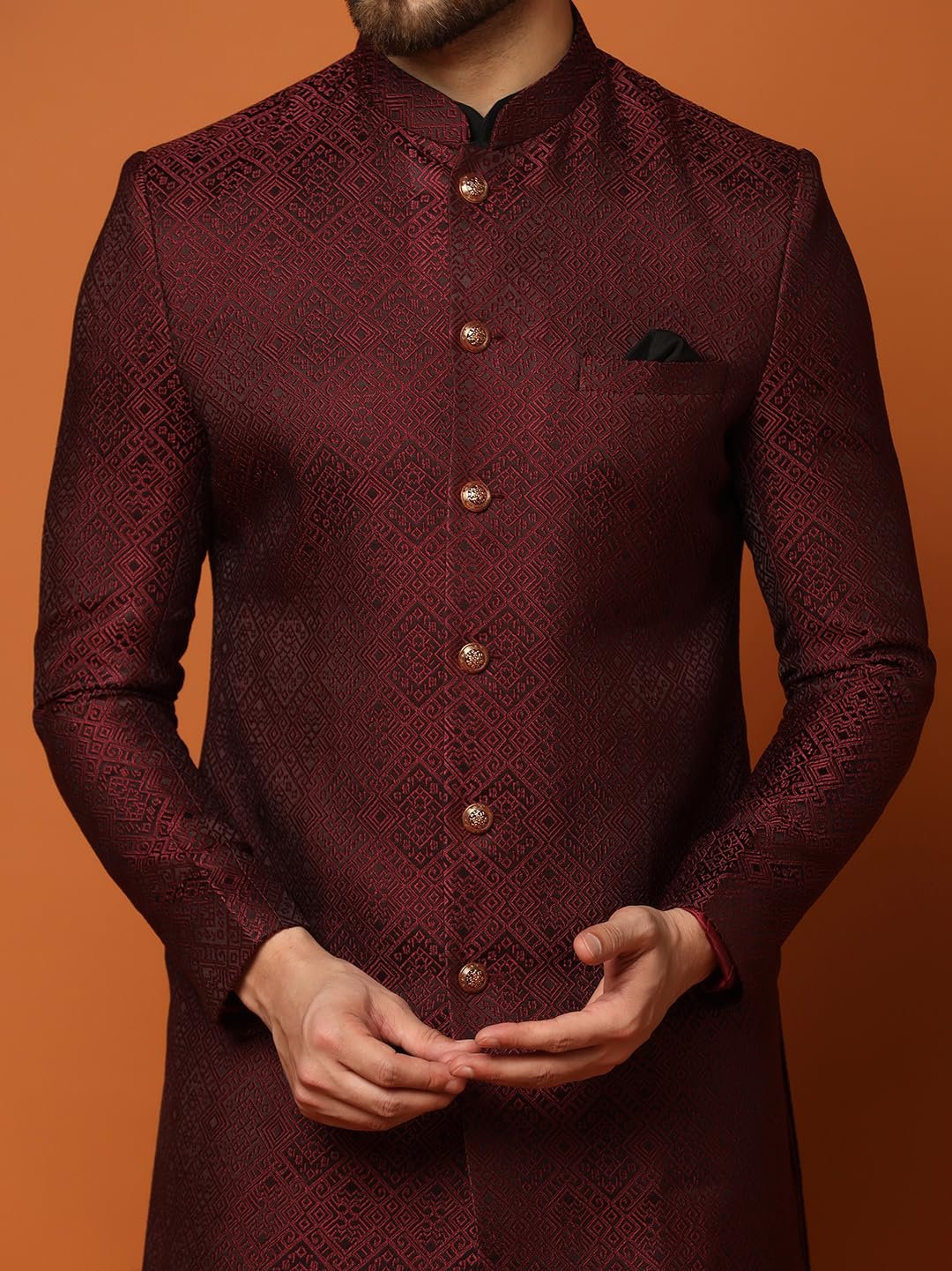 Mens Kurta Sherwani Churidar Set Silk Blend Jacquard, Indo-Western Ethnic Wear for Men, Maroon, 36 - Image 7