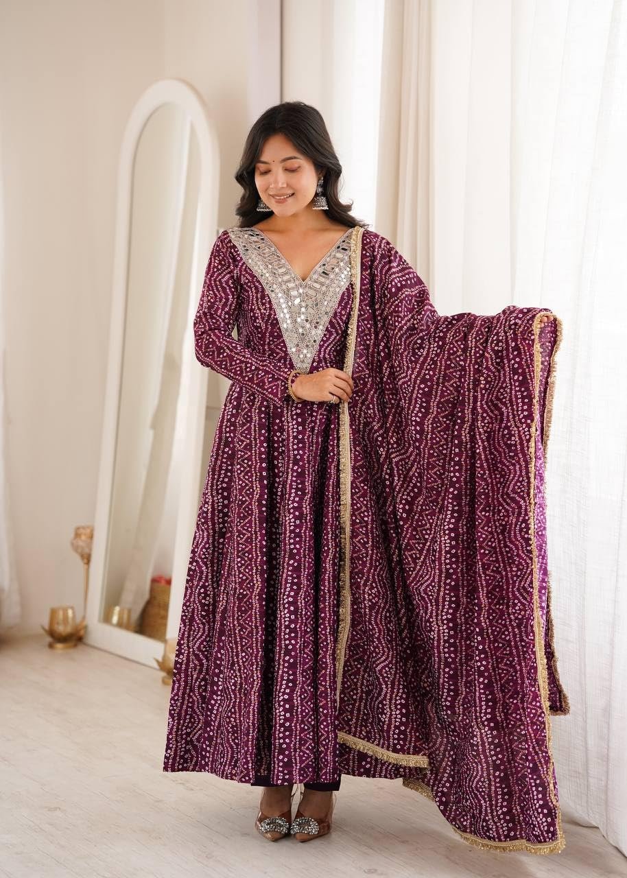 Women's Mirror Embroidered Anarkali Gown Set with Dupatta Kurta Pant Set This Wedding Season Our NEW Mirror EMBROIDERYED Gown Pair Purple - Image 8