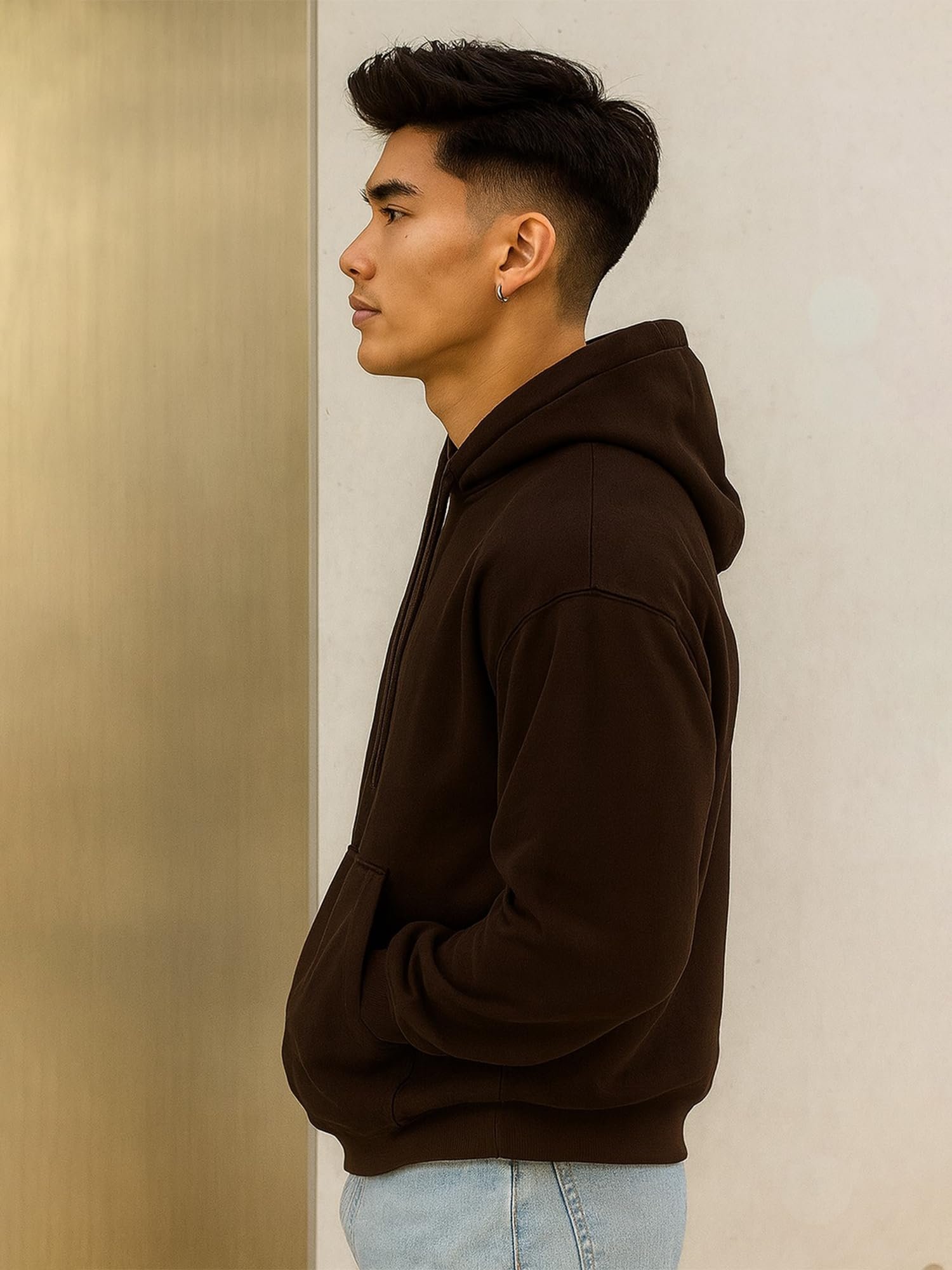 Mens Solid Hooded Neck Full Sleeve Coffee Brown LoopKnit Sweatshirt - Image 3