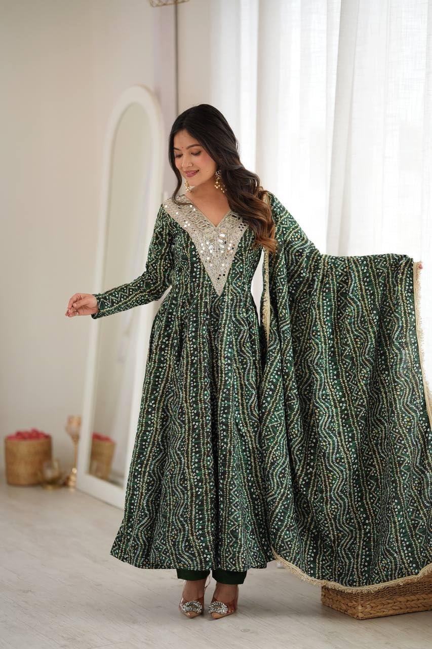 Women's Mirror Embroidered Anarkali Gown Set with Dupatta Kurta Pant Set This Wedding Season Our NEW Mirror EMBROIDERYED Gown Pair Green - Image 5