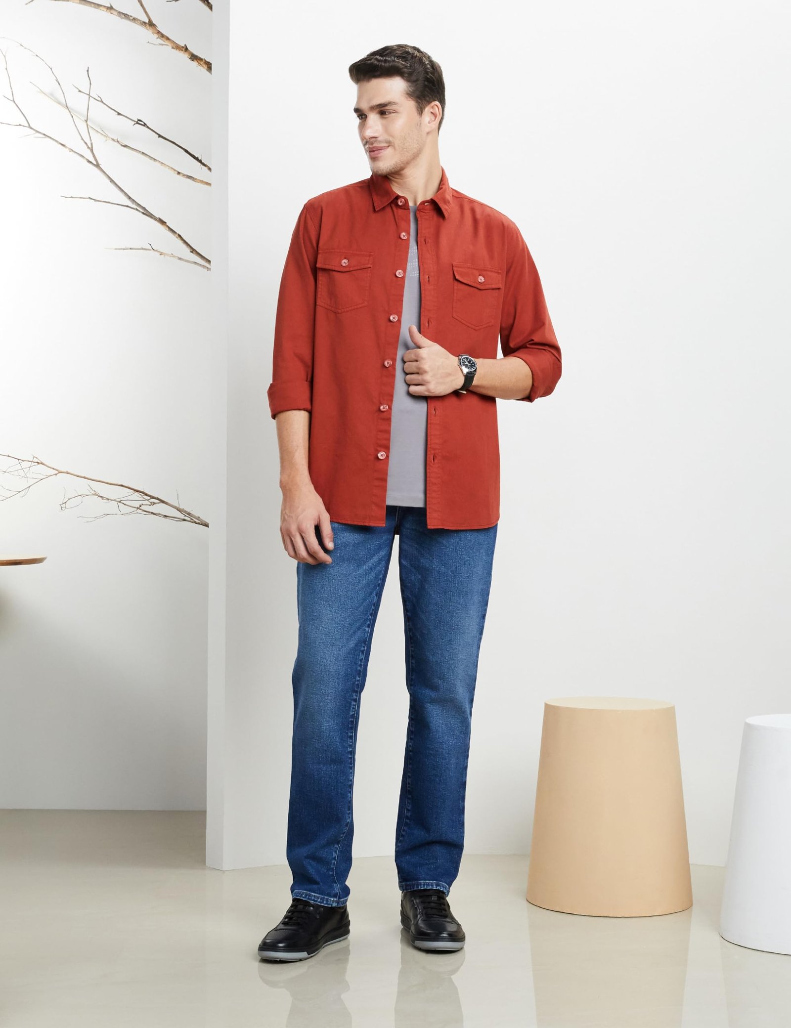 Men’s Long Sleeve Casual Washed Cotton Twill Shirt (Regular Fit) (SP-M-S25-CS-106_Rust)