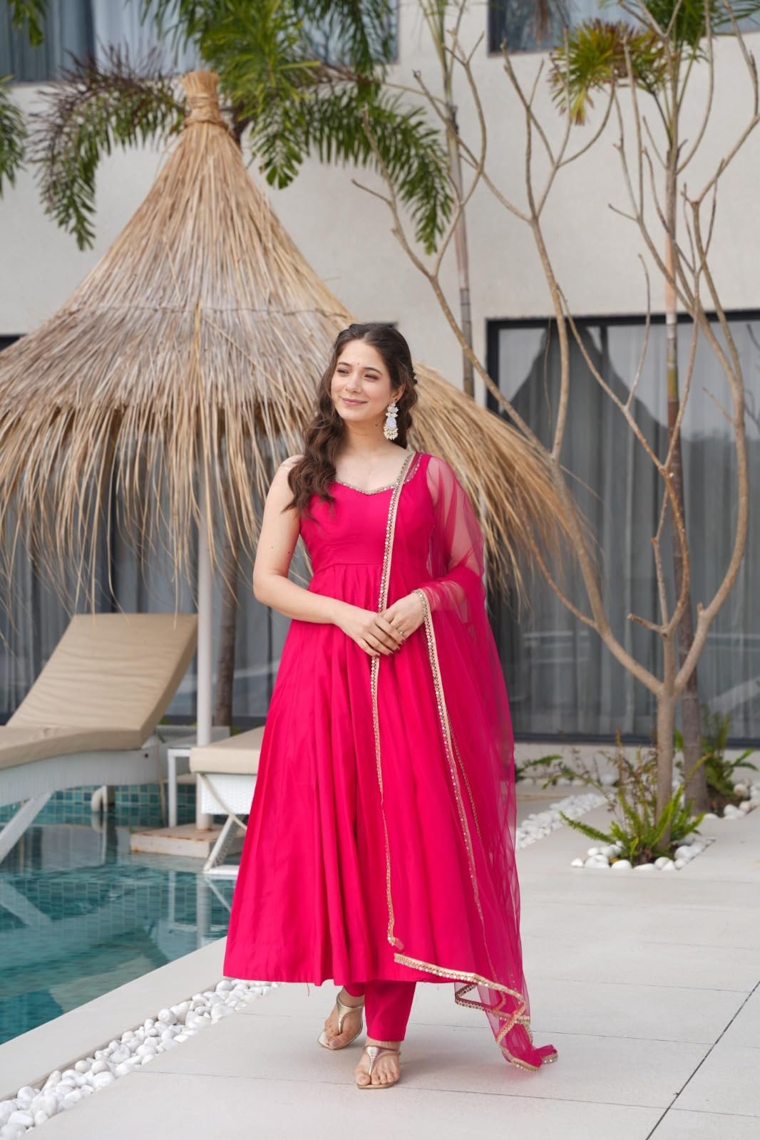 Women's Beautiful Roman Silk Chanderi with Embroidery Work Gown Pant & Dupatta Set Anarkali Gown, Sleeveless Ethnic Gown and Dupatta Set Gown for Wedding (in, Alpha, Regular, Womens, Rani Pink)