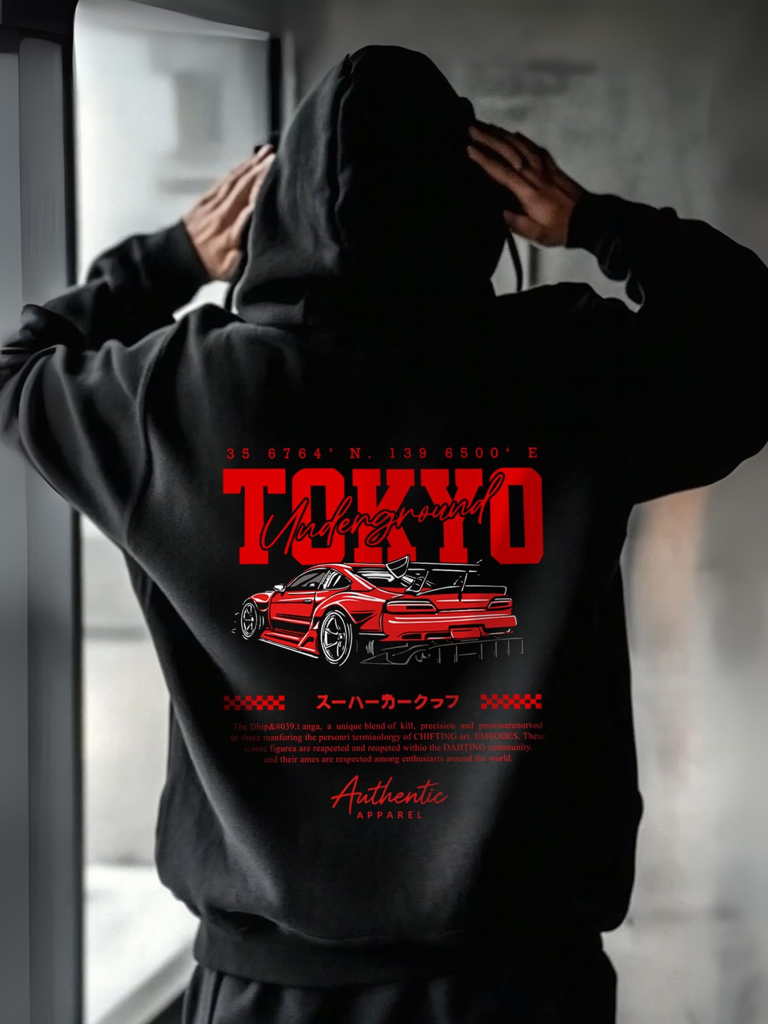 Mens Printed Hooded Neck Full Sleeve Black & Red Cotton Blend Tshirt