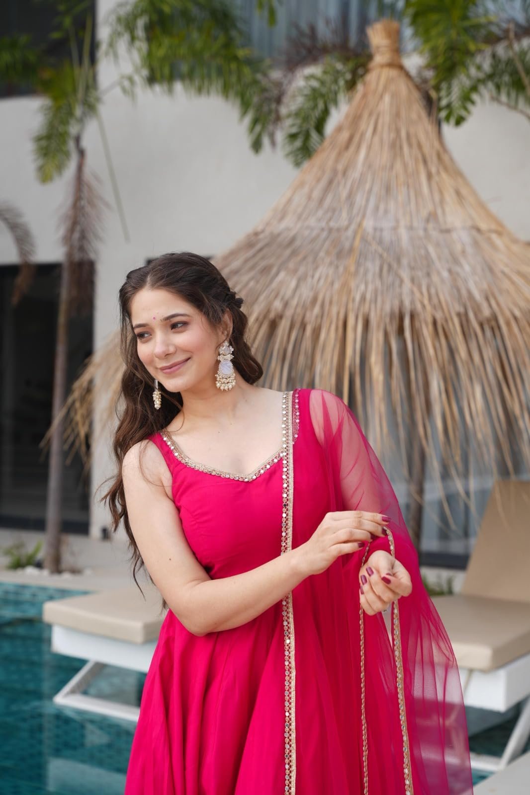 Women's Beautiful Roman Silk Chanderi with Embroidery Work Gown Pant & Dupatta Set Anarkali Gown, Sleeveless Ethnic Gown and Dupatta Set Gown for Wedding (in, Alpha, Regular, Womens, Rani Pink) - Image 3